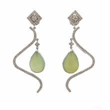 18K White Gold Swirl Earrings With Natural Diamond & Green Chalcedony