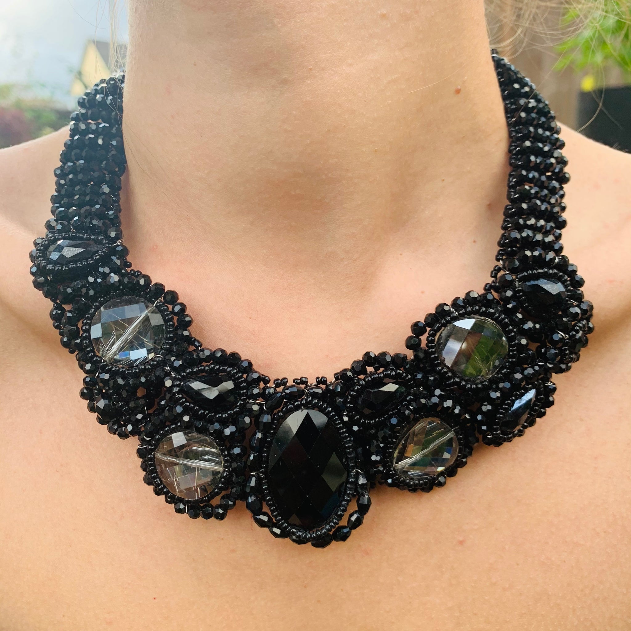Handmade Necklace 20" Black Onyx Facet Cut Gemstone Bib Choker