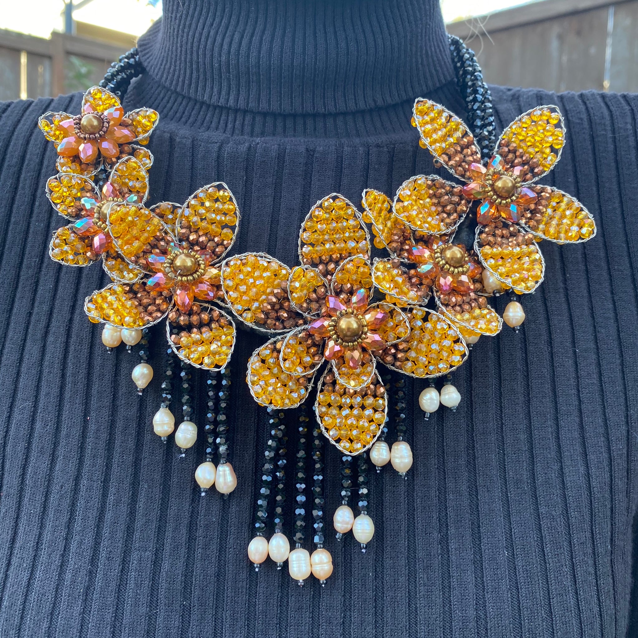 Unique Necklace 20" Statement Handcrafted Yellow Floral Beads Tassels Pearl Choker
