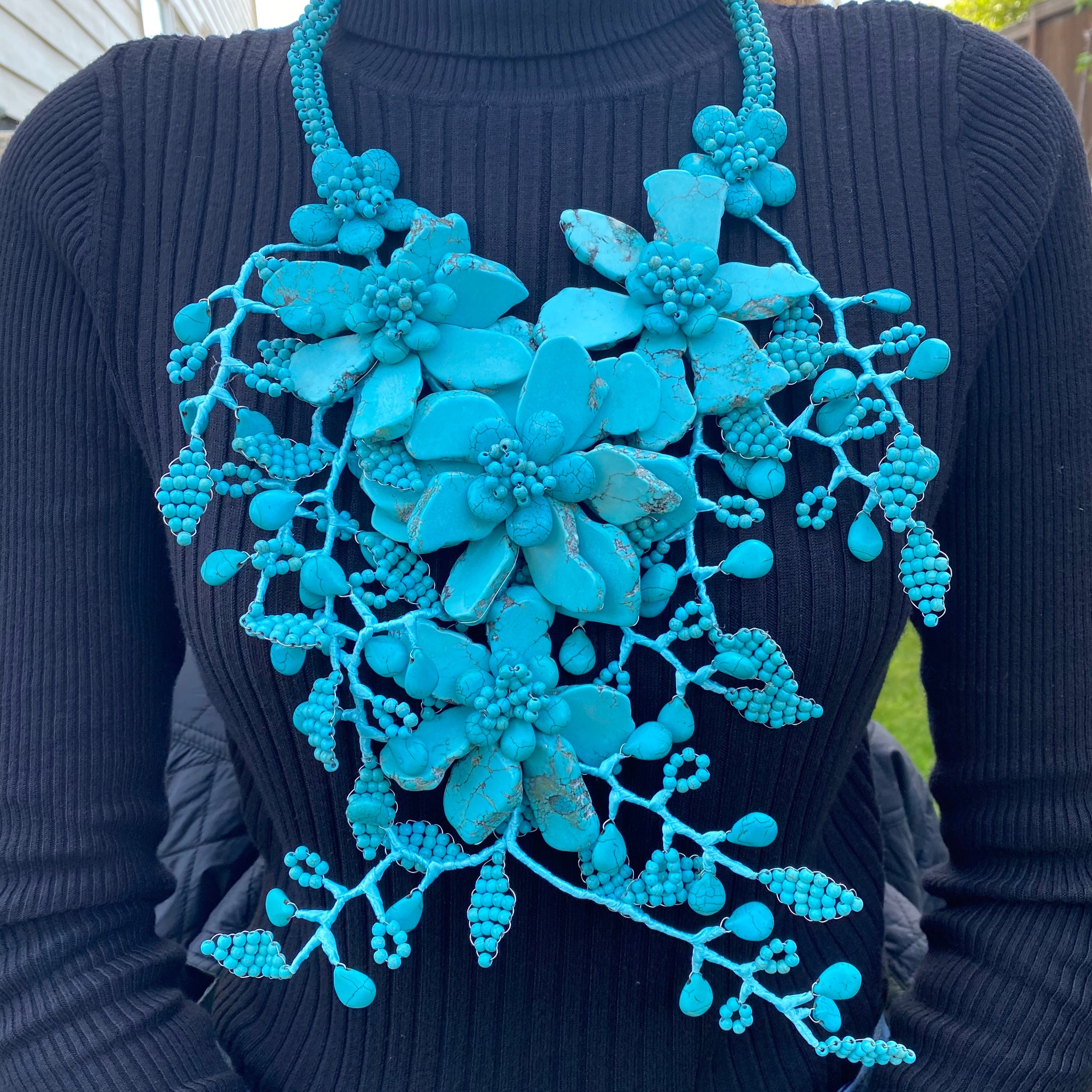 Handmade Statement Necklace 22" Creeping Turquoise Floral Cluster Body Necklace