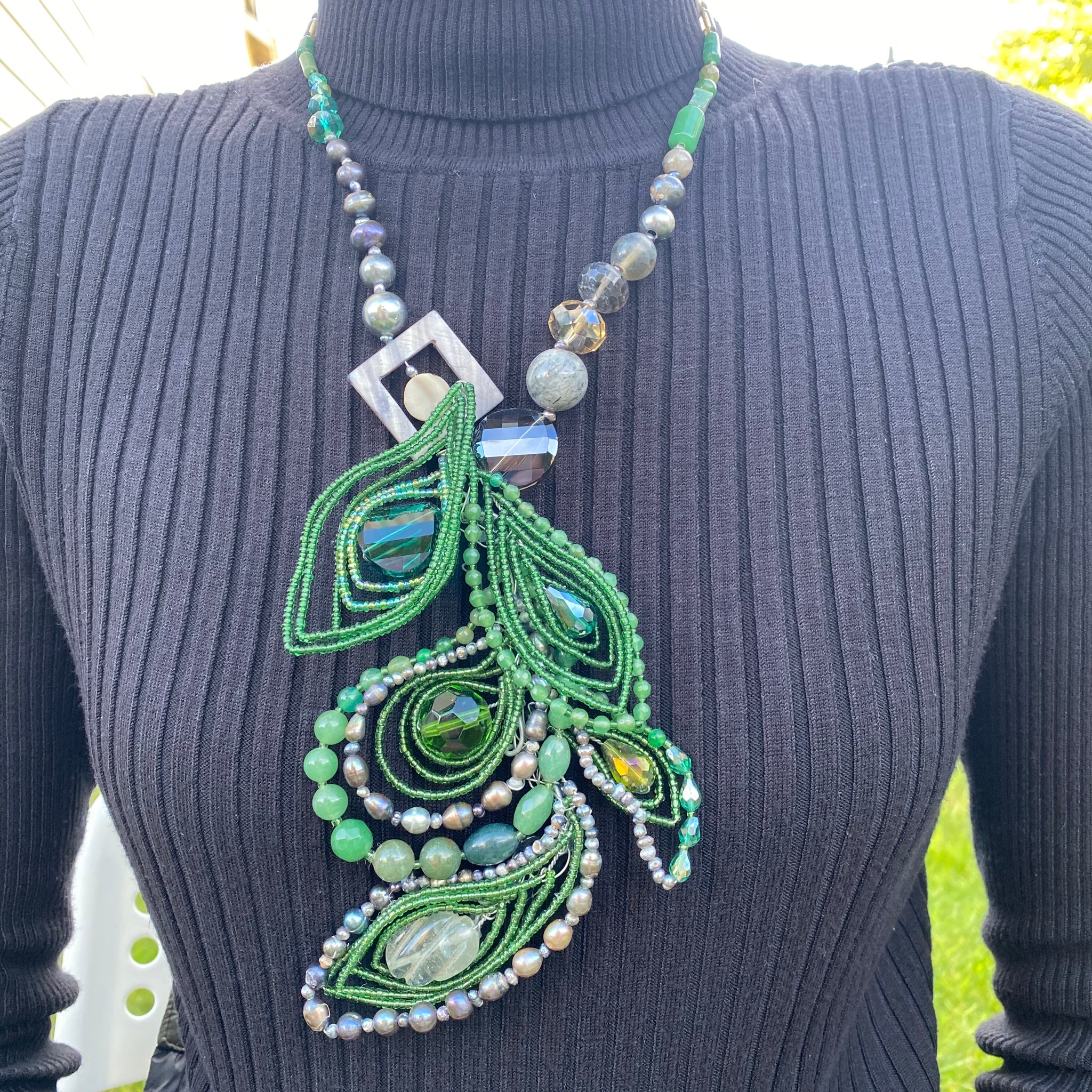 Handmade Matinee Necklace Peacock Inspired Green 19" Gemstone Jewelry