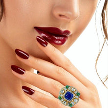 14K Yellow Gold Diamond Polki Tanzanite Emerald Ring – Colorful Blend of Gemstones in Royal Setting - JEWELNJOY