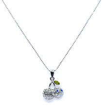 Double Cherry Pendant Beaded Chain 15” Necklace with White Rhinestones – Fun Statement Jewelry