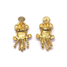 Temple-Style Rectangular Gold Tone Dangler Pair of Earrings with Heart Motif and Colored Accents