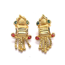 Temple-Style Rectangular Gold Tone Dangler Pair of Earrings with Heart Motif and Colored Accents