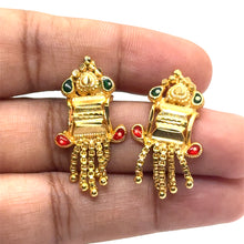 Temple-Style Rectangular Gold Tone Dangler Pair of Earrings with Heart Motif and Colored Accents