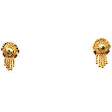 Round Stud Gold Tone Earrings with Deep Red Petal Detailing and Chain Drop Vintage Inspired Jewellery