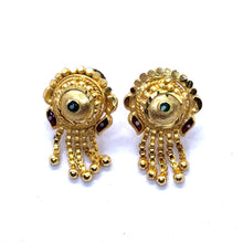 Round Stud Gold Tone Earrings with Deep Red Petal Detailing and Chain Drop Vintage Inspired Jewellery