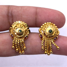 Round Stud Gold Tone Earrings with Deep Red Petal Detailing and Chain Drop Vintage Inspired Jewellery