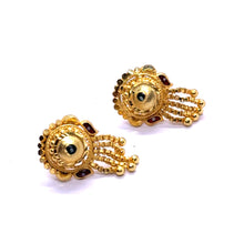 Round Stud Gold Tone Earrings with Deep Red Petal Detailing and Chain Drop Vintage Inspired Jewellery