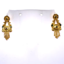 V-Shape Drop Earrings Gold Tone with Floral Stud Top and Emerald Detailing Vintage Inspired Jewellery