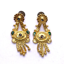 V-Shape Drop Earrings Gold Tone with Floral Stud Top and Emerald Detailing Vintage Inspired Jewellery