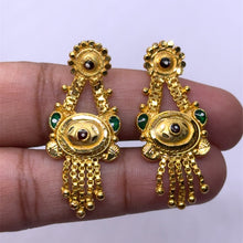 V-Shape Drop Earrings Gold Tone with Floral Stud Top and Emerald Detailing Vintage Inspired Jewellery
