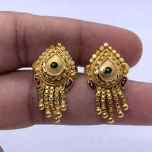 Teardrop Engraved Stud Gold Tone Earrings Pair with Red Detailing and Chain Drops Enamel Retro Jewellery