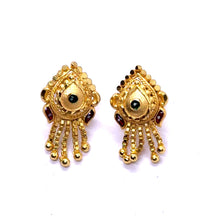 Teardrop Engraved Stud Gold Tone Earrings Pair with Red Detailing and Chain Drops Enamel Retro Jewellery
