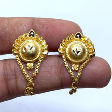 Ethnic Fan-Shaped Gold Tone Earrings with Sunburst Engraving & Heart Enamel Elegant Danglers