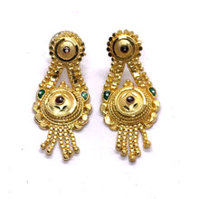 Vintage Inspired Dangler Gold Tone Earrings with Circular Motif and Enamel Highlights Jewellery For Her