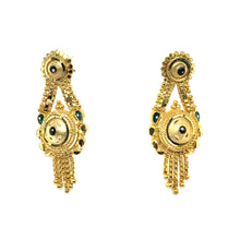 Vintage Inspired Dangler Gold Tone Earrings with Circular Motif and Enamel Highlights Jewellery For Her