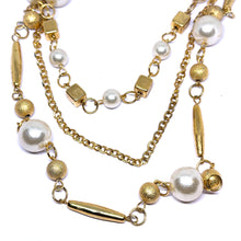 Three Layer Station Chain Gold Plated Fashion Necklace with Simulated Pearls – Elegant Layered Jewelry for Women