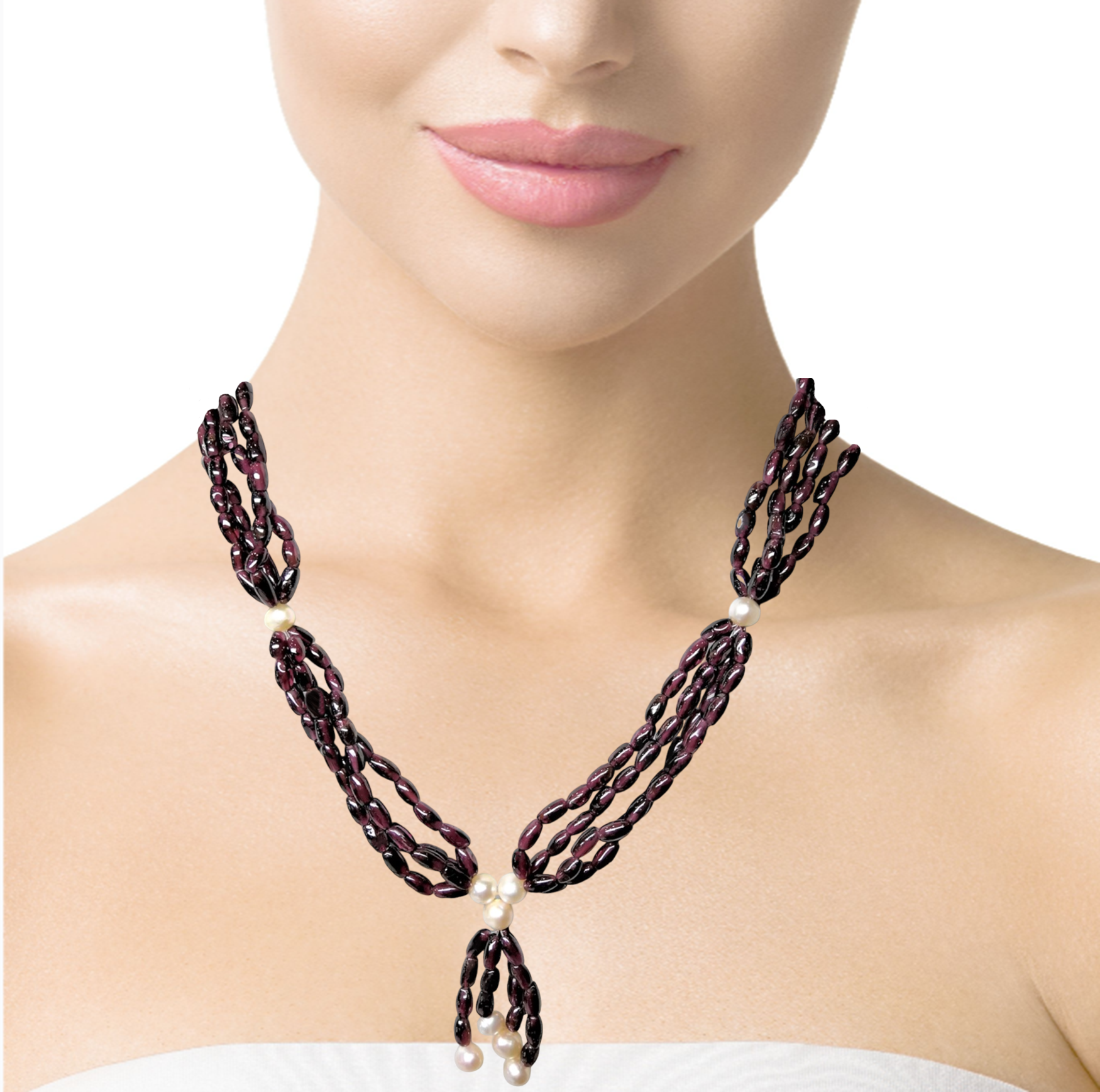 Natural Handmade Necklace 16"-18" Pearls with Garnet Gemstone Beads Jewel