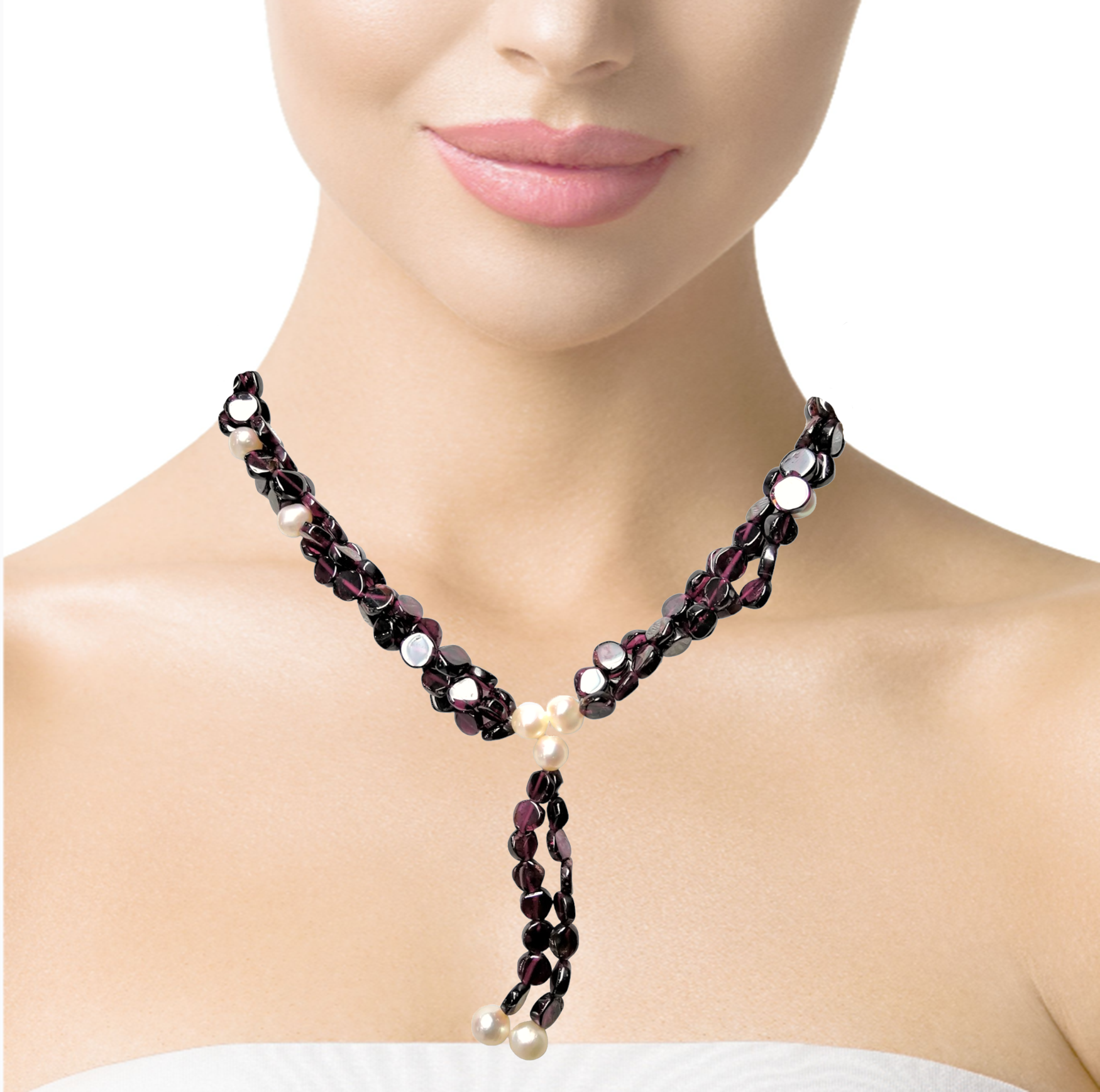 Natural Handmade Necklace 16"-18" Flat Button Garnet Pearls Gems Beads Jewellery