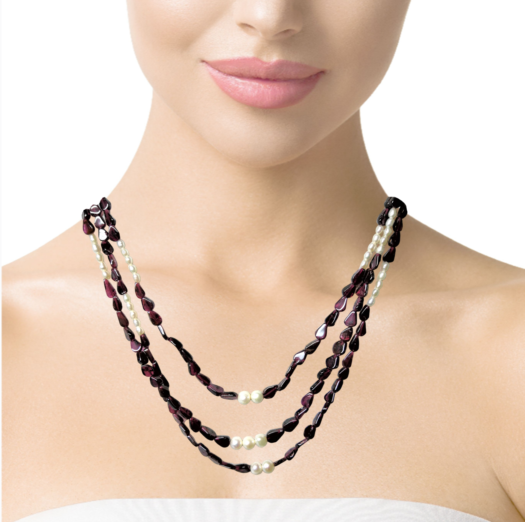 Natural Handmade Layered Necklace 16"-18" Garnet Pearls Gem Beads Jewellery