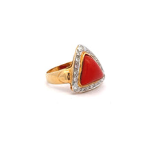18K Two Tone Gold with Natural Diamond & Coral Gemstone Powerful Ring
