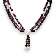 Natural Garnet Button & Plain Pearl Twisted Gemstone Necklace