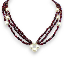 Natural Garnet Balloon & Plain Pearl Three Strand Gemstone Necklace