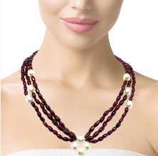 Natural Garnet Balloon & Plain Pearl Three Strand Gemstone Necklace