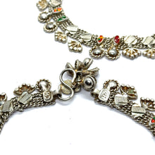 Elegant German Silver Anklet Pair with Bohemian Style Traditional Motifs and Charms