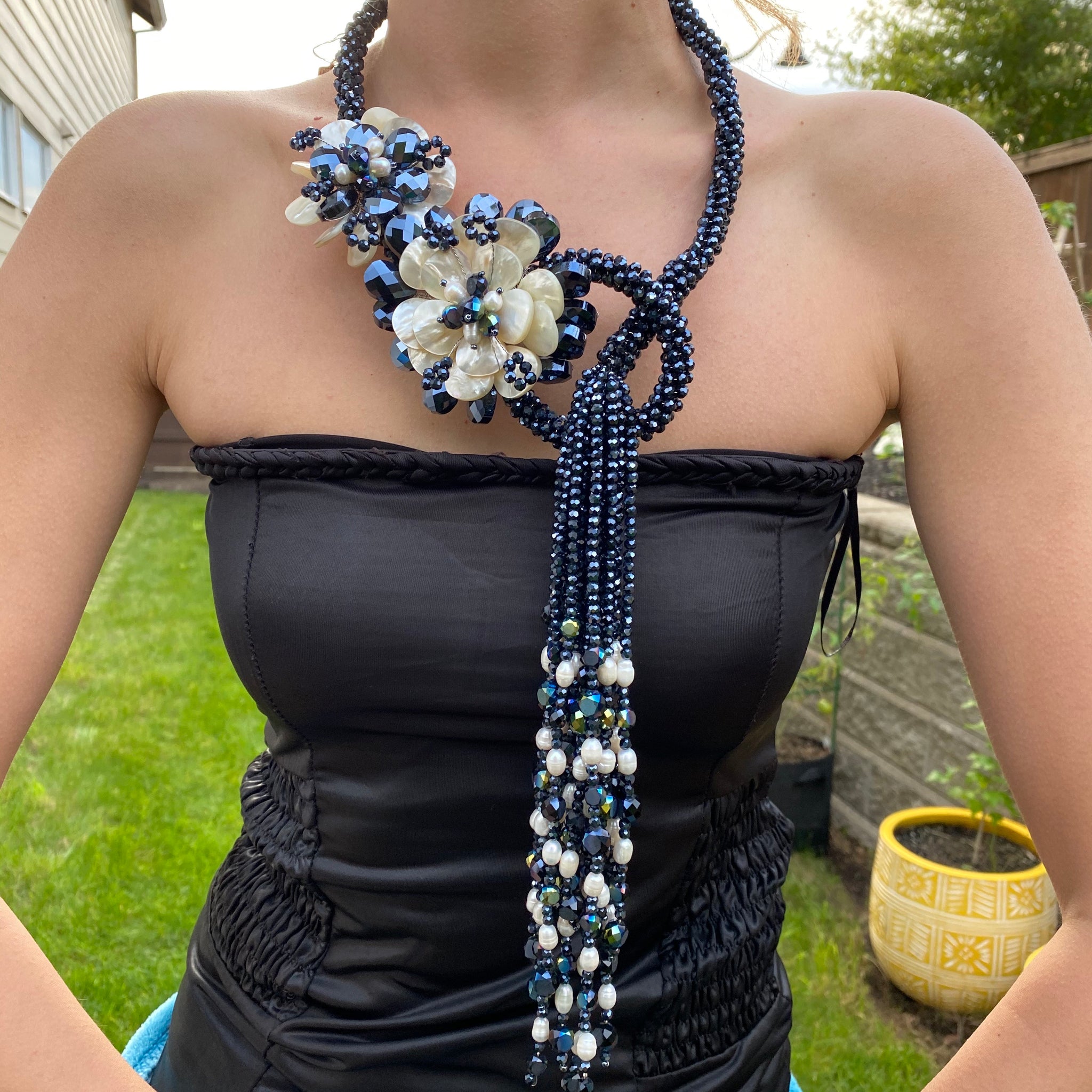 Handmade Snake Taseel Necklace 21" Beads Adjustable Pearls & Black Onyx Opera Bib Choker