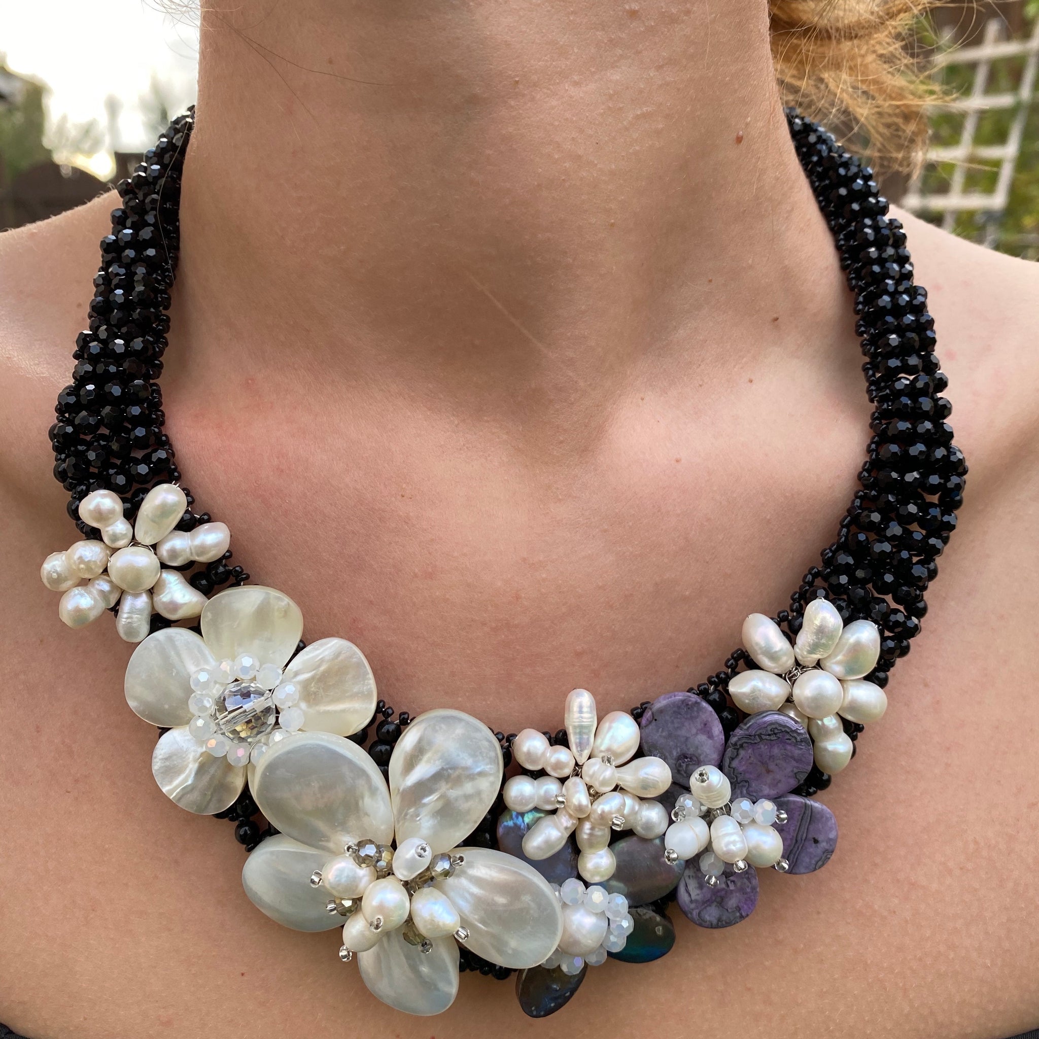 Handmade Necklace 20" Floral Black Onyx Unique Freshwater Shell and Pearls Bib Choker