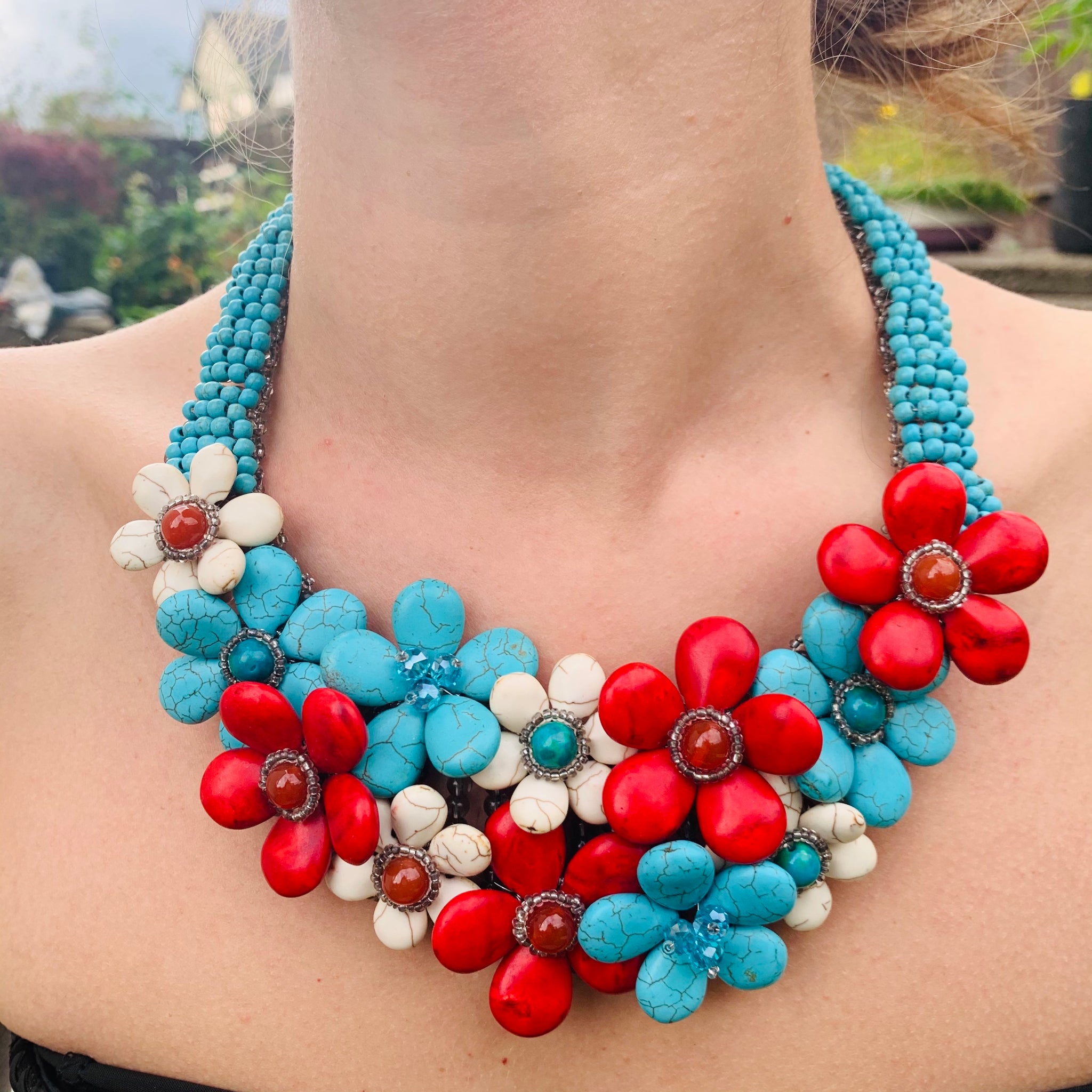 Handmade Gorgeous Bib Choker Turquoise & Red Agate 20" Unique Necklace