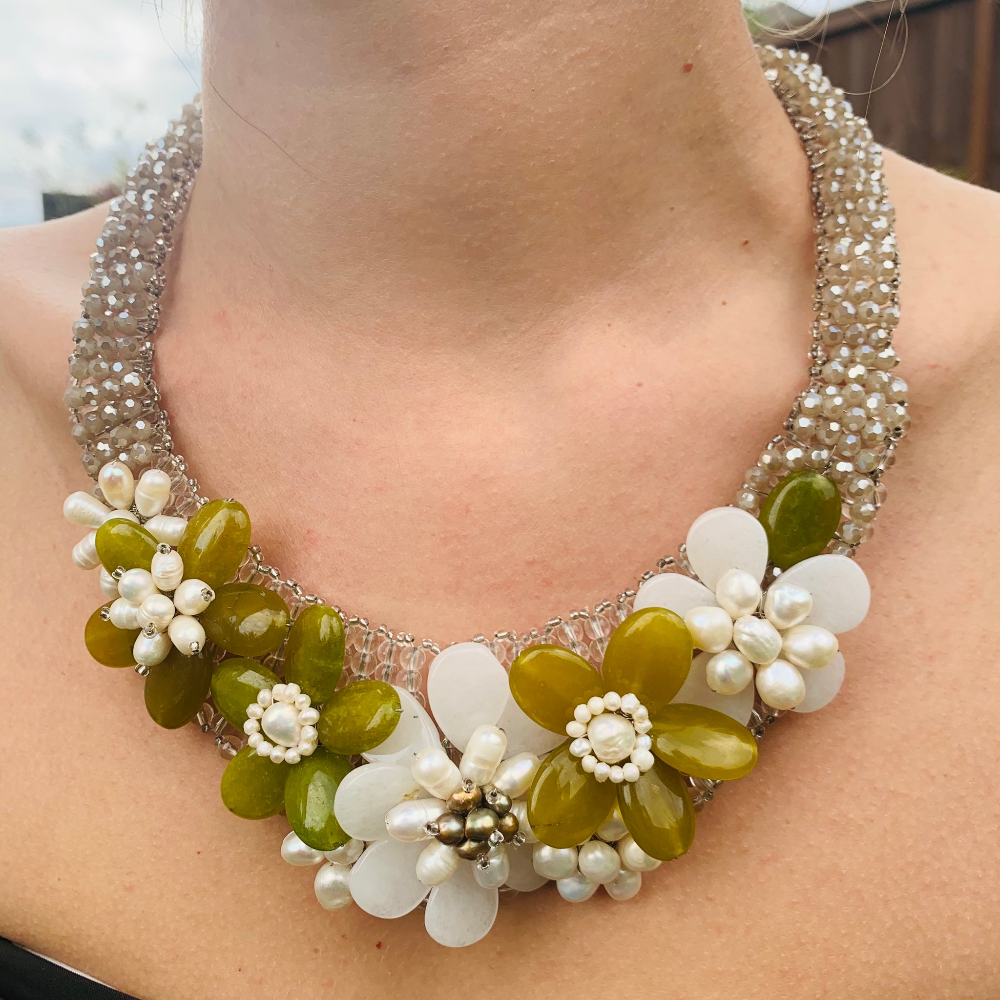 Handmade Choker Green Bejeweled Jade & Nugget Freshwater Pearls 20" Unique Floral Necklace