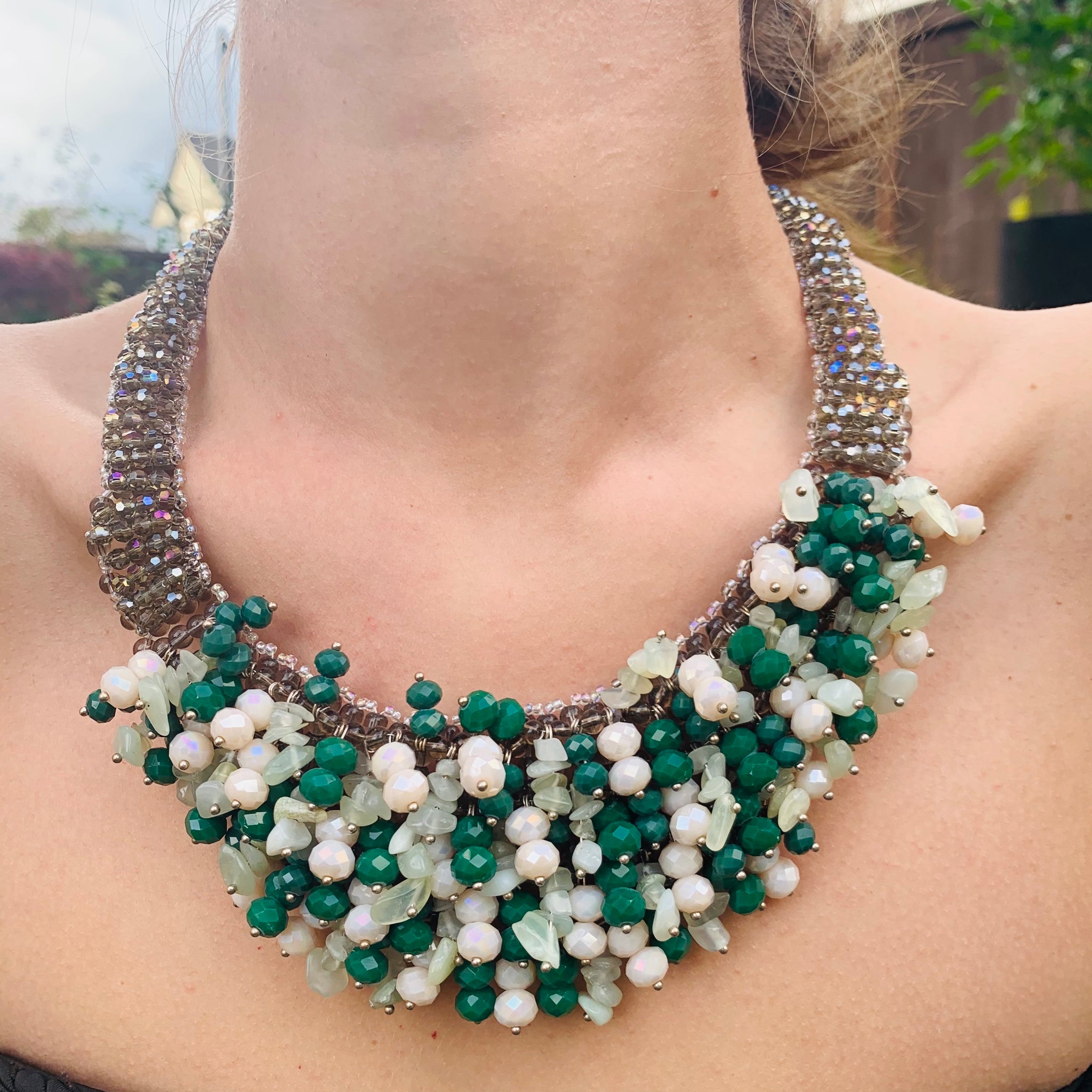 Handmade Choker Cluster 20" Pastel and Green Gem Beads Beads Bib Necklace
