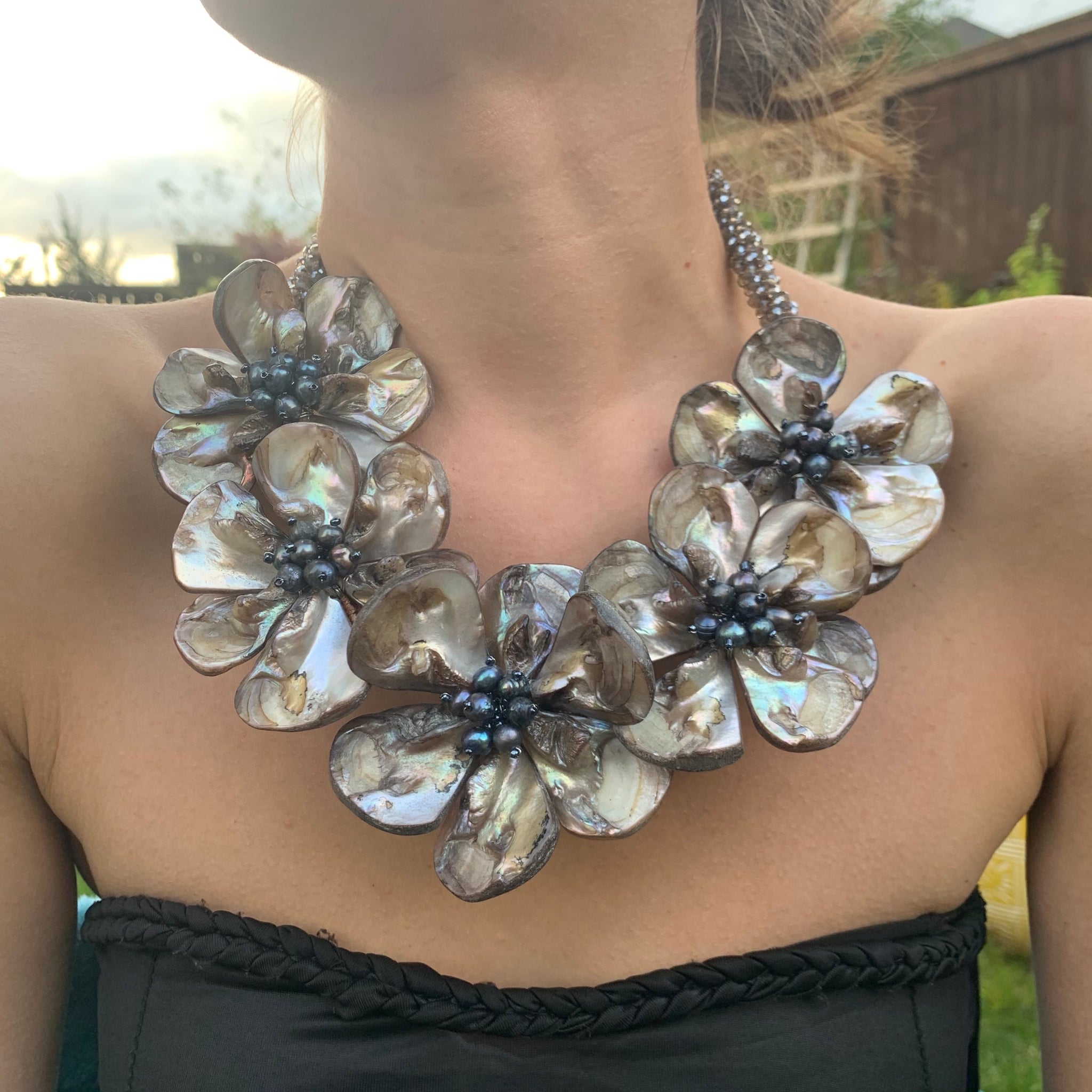 Handmade Mother of Pearl Necklace 20" Shells and Pearl Floral Choker