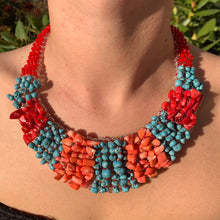 Handmade Bib Choker Ombre Blue Turquoise & Coral Colored Unique Necklace