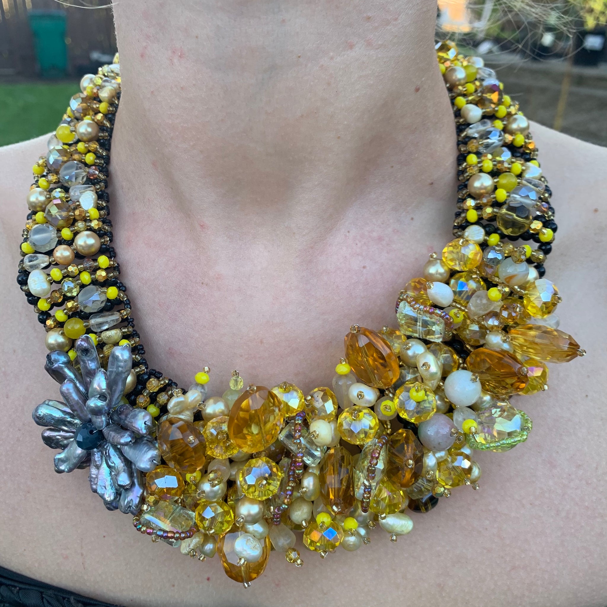 Handmade Bib Choker Bright 20" Summer Yellow Beads Pearl Semi Cluster Necklace