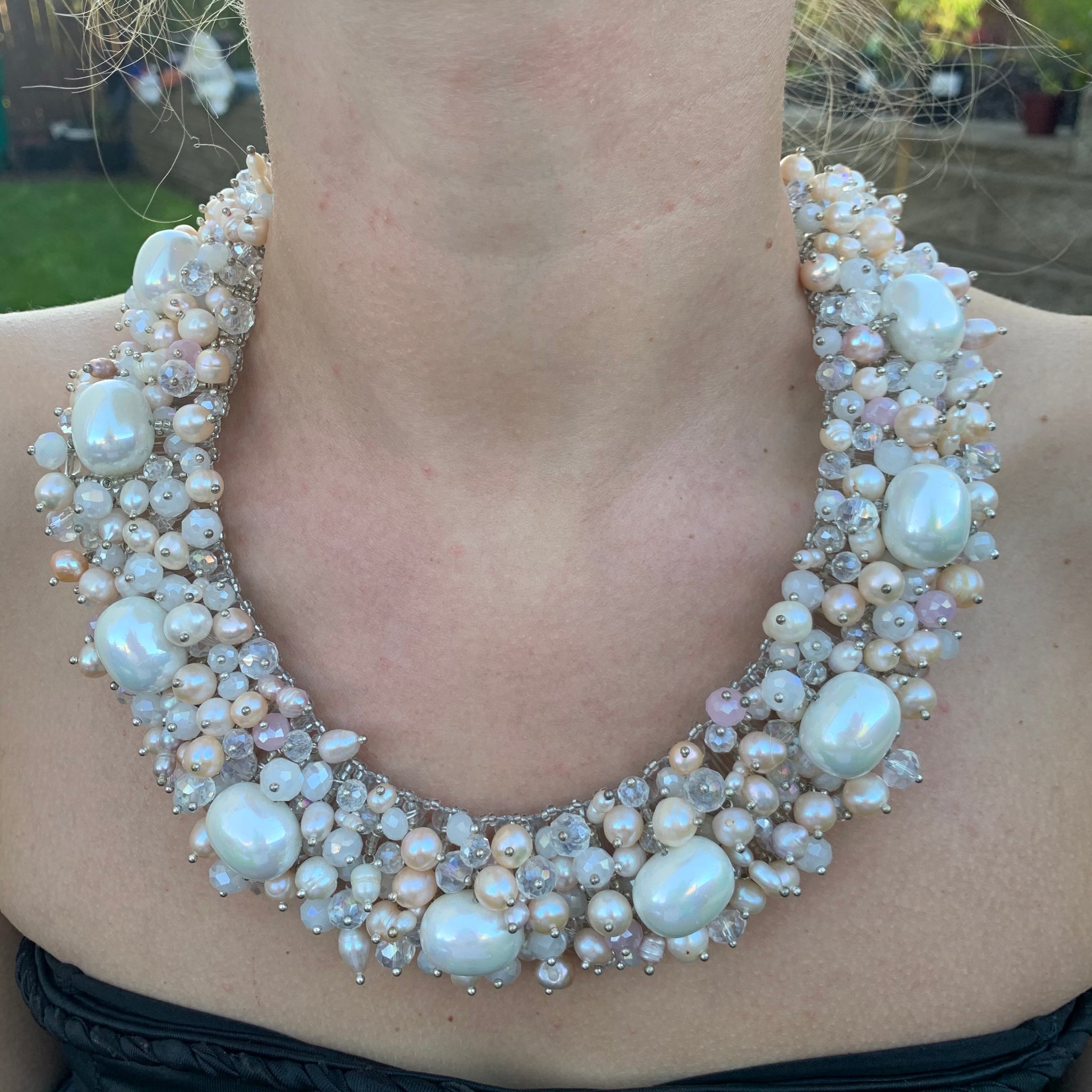 Handmade Necklace 20" Bridal Luxury Freshwater Pearls Multi Color Bib Choker