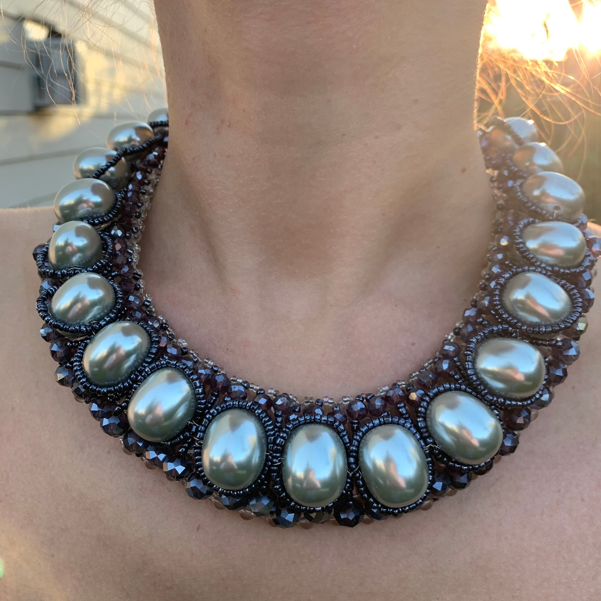 Handmade Choker 18" Freshwater Grey Baroque Pearls Strapless Bib Necklace