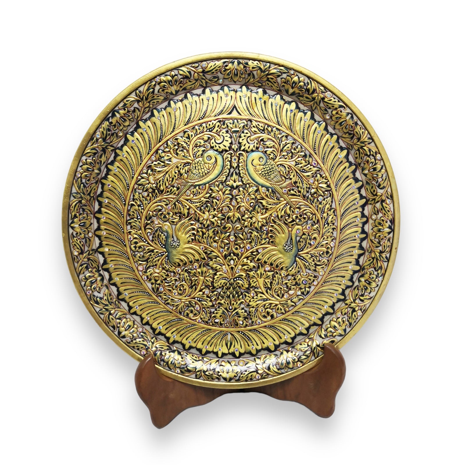 24K Gold Handcrafted Unique Marble Peacock 12" Round Platter
