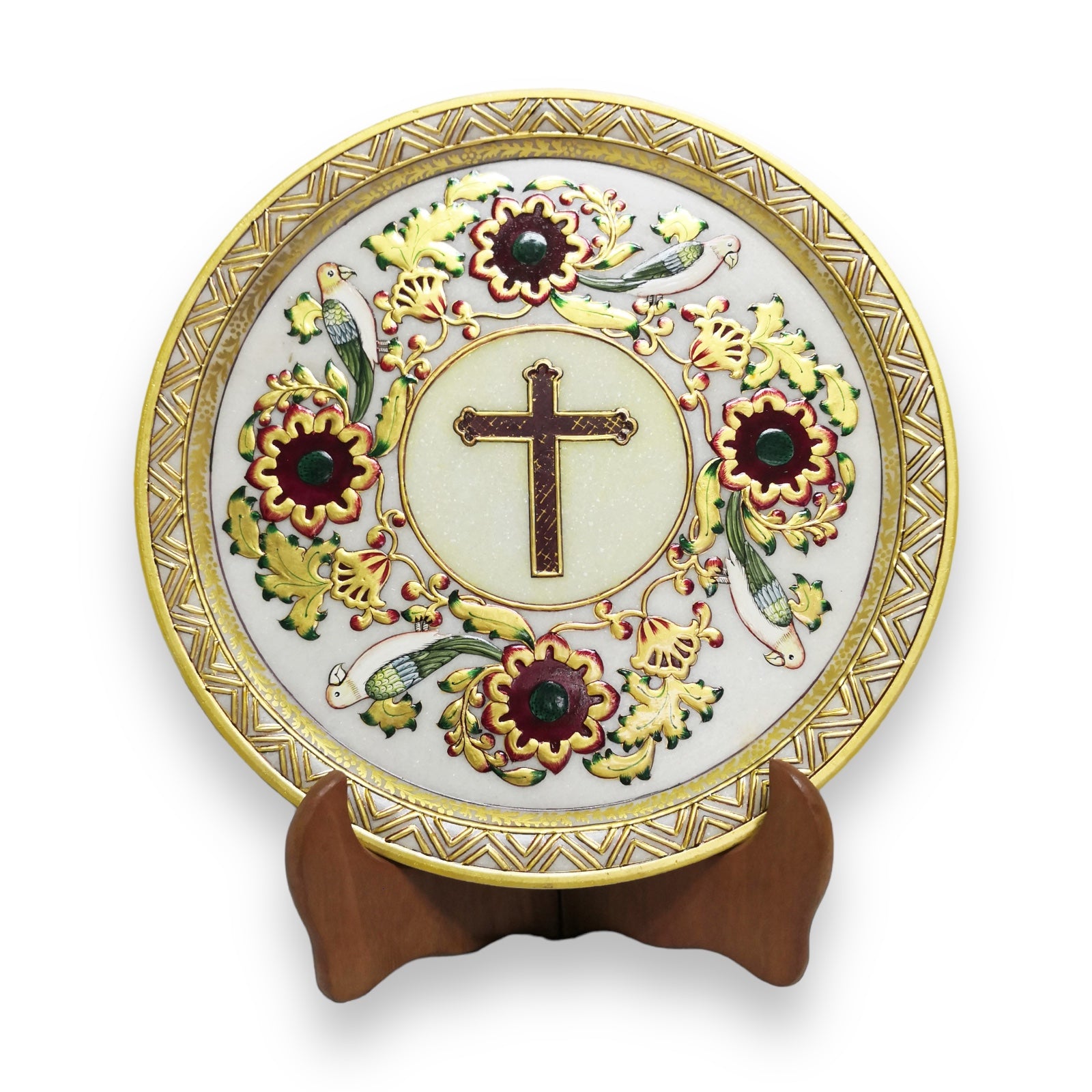 24K Gold Marble Handcrafted Catholic Jesus Cross 12" Renaissance Floral Plate