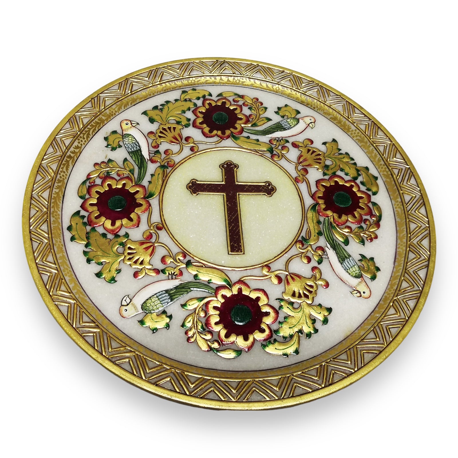 24K Gold Marble Handcrafted Catholic Jesus Cross 12" Renaissance Floral Plate