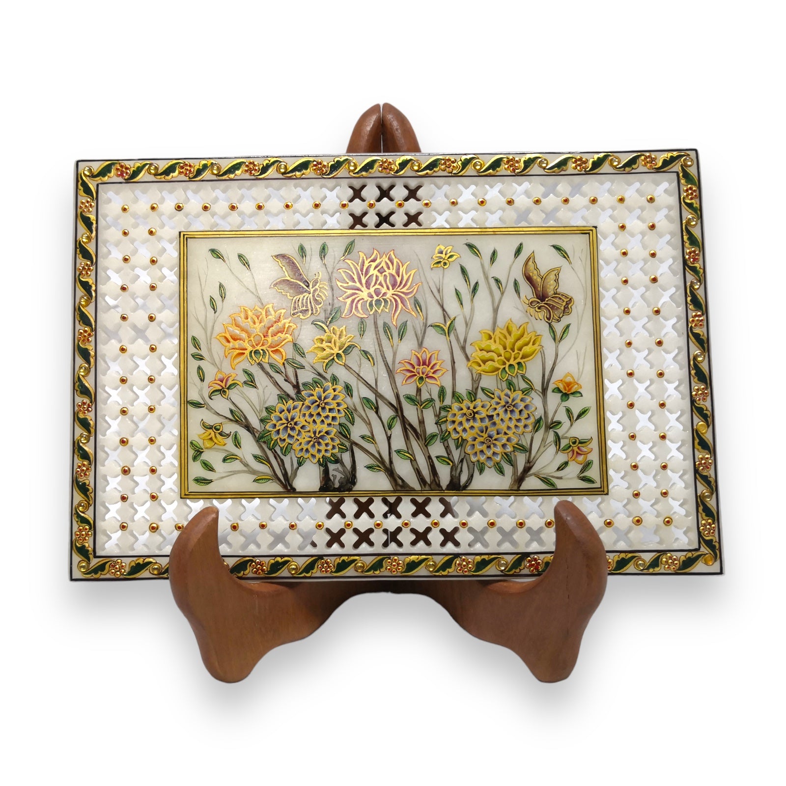 Marble 24K Gold Handcrafted Floral Enamel Stone Plate with Sheesham Wood Stand