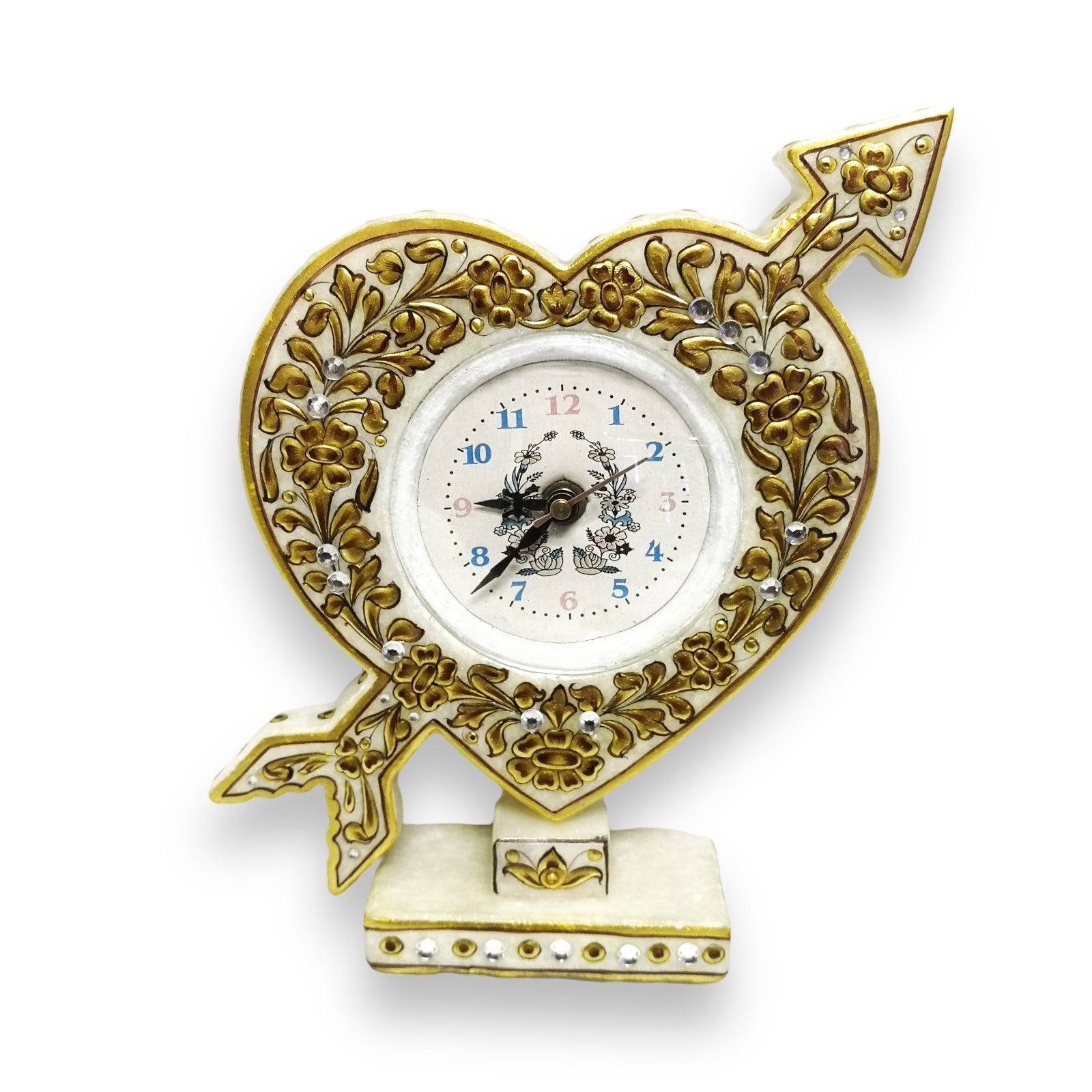 Marble 24K Gold Handcrafted Heart Arrow Table Clock