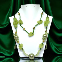 Artistic Multi-Layer Green Beaded Necklace with Simulated Pearls & Carved Floral Accents – Handcrafted Ethnic Jewelry