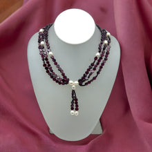 Natural Garnet Button & Plain Pearl Twisted Gemstone Necklace