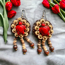 Handmade Earrings Coconut Shell Floral Red Tortoise with Tassels Jewelry
