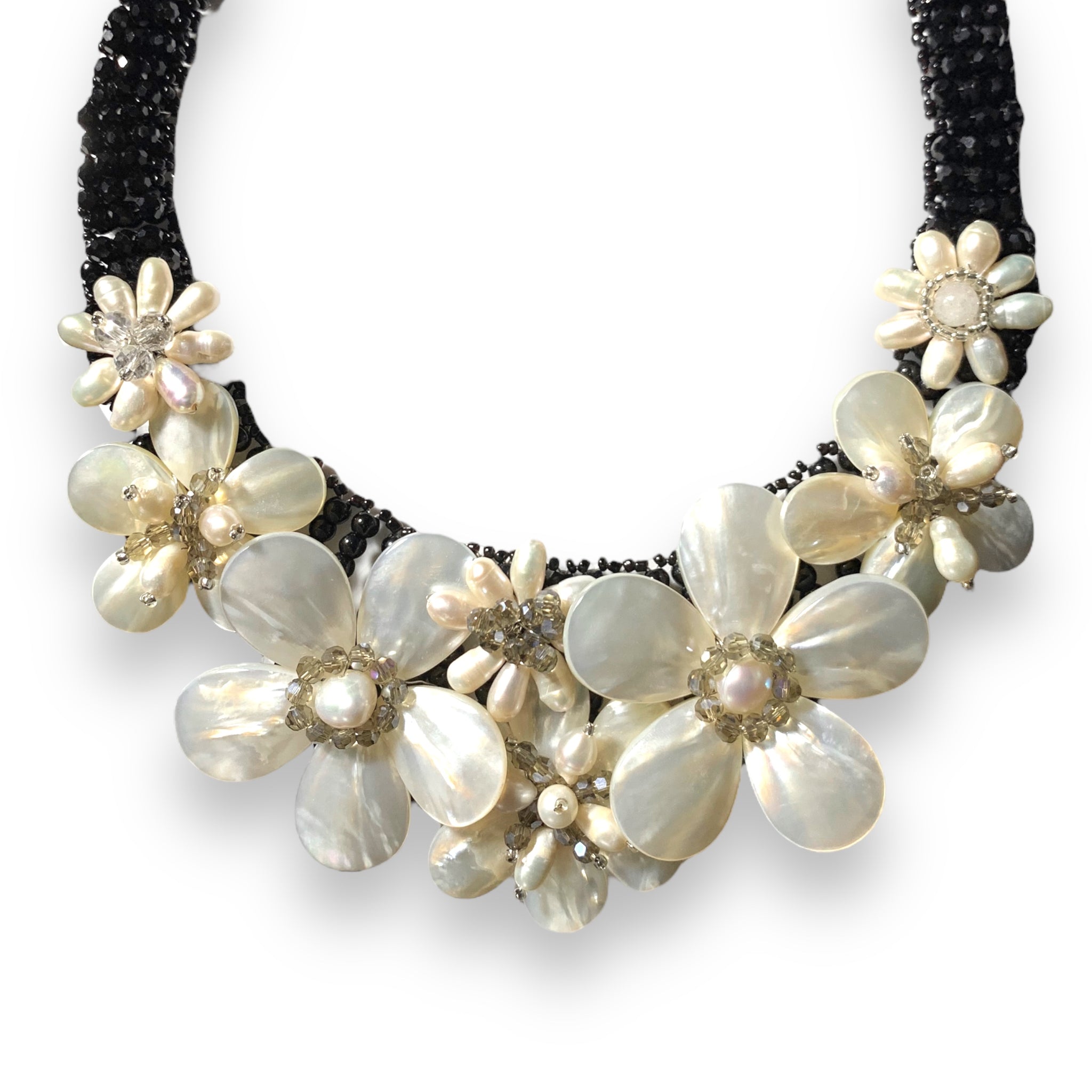 Handmade Choker 20" Unique Black Onyx Sea Shells Floral Bib Necklace